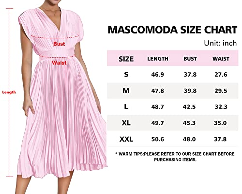 Mascomoda Elegant Satin V Neck Pleated Midi Dress Short Sleeve Formal High Waisted Flowy Long Summer Dresses For Women 2023 (Pink, X-Large) #TOP5