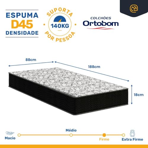 Cama Box Solteiro + Colchão de Espuma D45 Ortobom Airtech 150 + Auxiliar de Espuma Unique