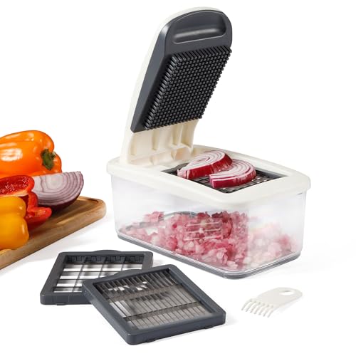 Image of Calphalon Aero Vegetable Chopper, 5-in-1 Food Chopper with Container, Manual Vegetable Dicer with Interchangeable Stainless Steel Blades for Slicing, Chopping & Meal Prep