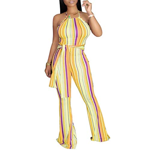 Sexy Jumpsuits for Women Party Club Night - Halter Neck Backless Stripe Bodycon Bell-Bottoms Trouser Long Pants Romper Yellow L