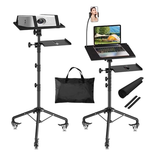Image of OUKMIC Projector Stand Tripod Laptop Tripod on Wheels with 2 Shelves, Adjustable Height 26 to 49 Inch Portable Podium Stand with Gooseneck Phone Holder for Office, School, Home, DJ Racks