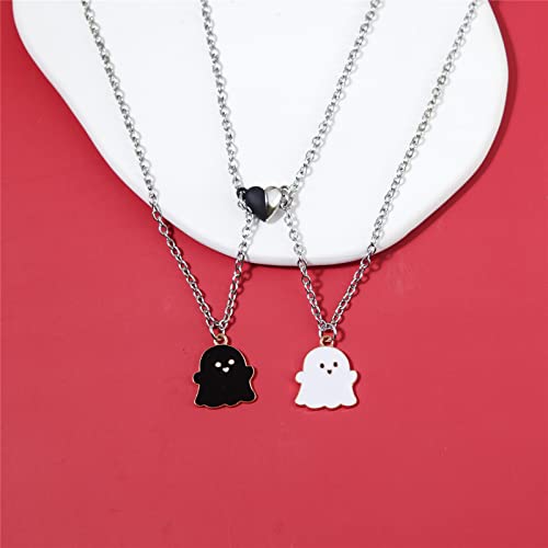 2Pcs Lovely Magnetic Love Heart Ghost Pendant Necklace Set for Women Men Best Friend Enamel Mutual Attract Magnet Couple Matching Necklace Halloween Jewelry Birthday Gift2