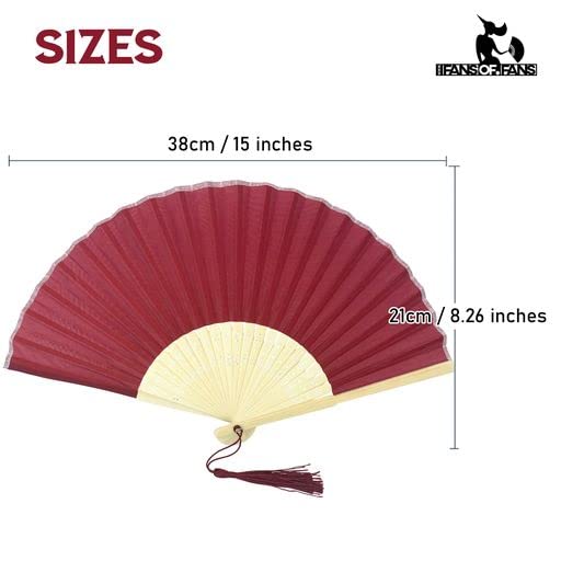 Image of Fabric Handheld Folding Hand Fan with a Tassel Grade A Bamboo Ribs for Women Girls Summer Party Event Favor Birthday Wedding Souvenir Gift (Dark Red)