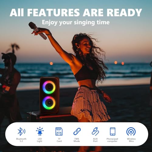 Karaoke Maschine (2025 Neueste Generation) | Karaoke Anlage mit 2 Mikrofone Bluetooth Lautsprecher | Unterstützt TV/Smartphone/iPad/TWS/AUX/USB/FM | Für Party, Geburtstag, Reisen (Schwarz)