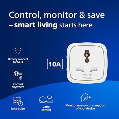 PHILIPS 10A Smart WiFi Plug | Wiz Connected Voice Controlled, Amazon Alexa & Google Assistant Compatible Smart Plug with Energy Consumption Monitoring, Pack of 1 view 2