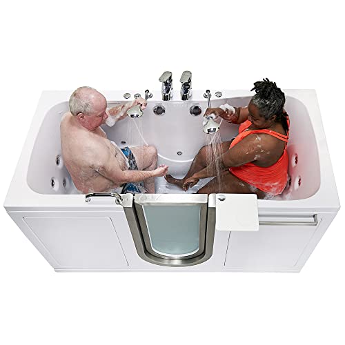 Ella Escape 36"x72" Two Seat Walk in Bathtub, Air + Hydro + Independent Foot Massage, 2 2 Piece Faucets, Dual 2" Drains, Heated Seats