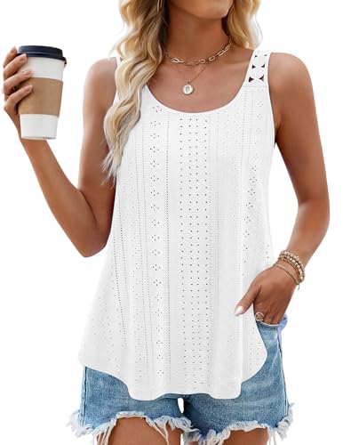 ZESICA Women's Summer Eyelet Tank Tops Loose Trendy Scoop Neck Sleeveless Flowy Beach Vacation Shirts