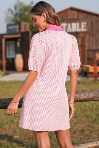 Image of AlvaQ Women Dress Summer 2025 Casual V Neck Short Sleeve Button Down Striped Tunic Dresses with Pockets