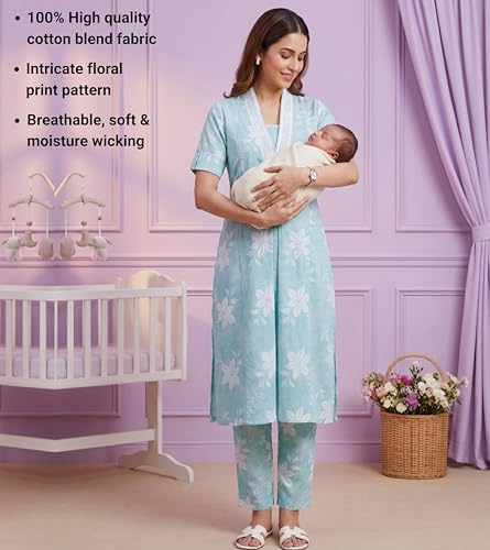 Image of DUMMY SHAPE Maternity Dresses for Women Cotton | Floral Kurta Pant Dupatta Set with Nursing Zippers, Side Pocket | Pre & Post Pregnancy | Feeding Kurti Suit | Baby Shower | Gifts for Pregnant Woman