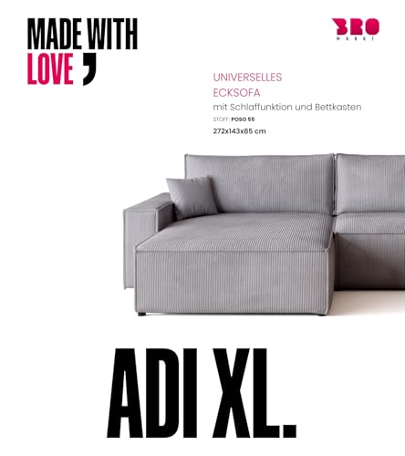 BROMARKT Sofa mit Schlaffunktion Couch L Cordstoff Sofa Bettkasten Schlafsofa für Wohnzimmer Ecksofa freistehend Adi XL Relaxsofa 3 sitzer 272x143x85 cm Hellgrau