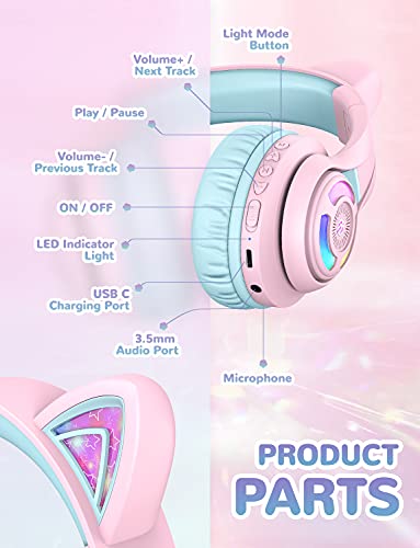 Iclever BTH13-PINK Cat Ear Kids Bluetooth Headphones, Led Lights Up, 74/85/94Db Volume Limited, 50H Playtime,Bluetooth 5.2, Usb C, Kids Headphones Wireless thumb #4