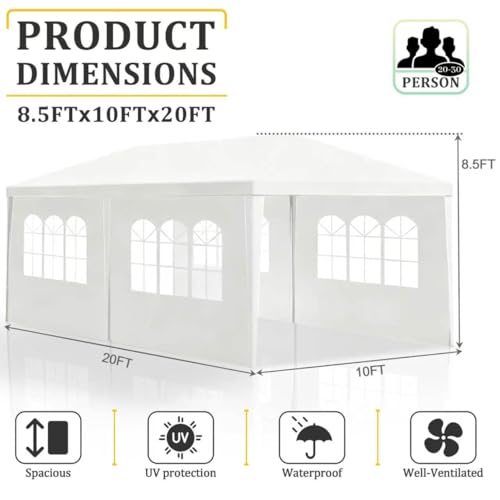 Image of 10x20 White Canopy Tent with 4 Removable Sidewalls and Windows, Waterproof Outdoor Party Gazebo Tent for Backyard Wedding Events BBQ Graduation
