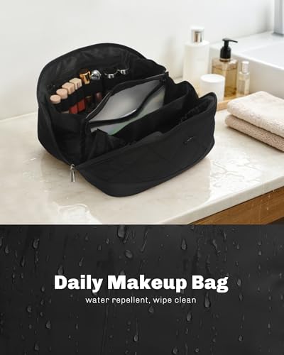 Image of Hynes Eagle Travel Makeup Bag for Women Puffy Cosmetic Organizer Pouch Open Flat Toiletry Bag for Toiletries Brushes Structured Base Jet Black
