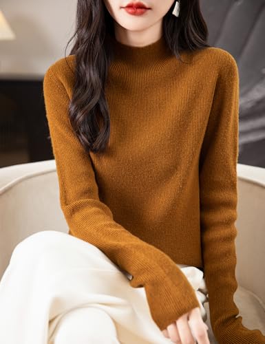 Image of Chanyarn Women's 100% Merino Wool Seamless Sweater Mock Neck First-Line Ready to Wear Long Sleeve Ribbed Knit Pullover