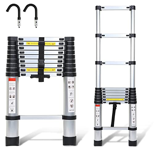 Yakimz Escalera telescópica de aluminio de 2,6 m con 2 ganchos extraíbles, escalera extensible portátil, escalera multiusos antideslizante, hasta 150 kg de carga