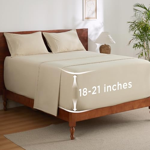 Image of Bedsure Deep Pocket King Sheet Set - Fits Mattresses Up to 21 Inches Thick - 4 Piece GentleSoft Bed Sheets, Moisture Wicking, Soft & Cooling Bedsheet & Pillowcases, Easy & Secure Fit, Beige