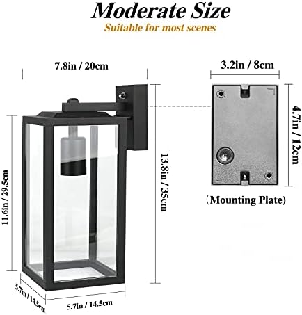 HLFVLITE Dusk to Dawn Outdoor Wall Light, Aluminum Exterior Wall Lantern Fixture, E27 Socket Waterproof Outside Wall Light with Glass Shade for Porch Entryway Doorway, Garage, Matte Black