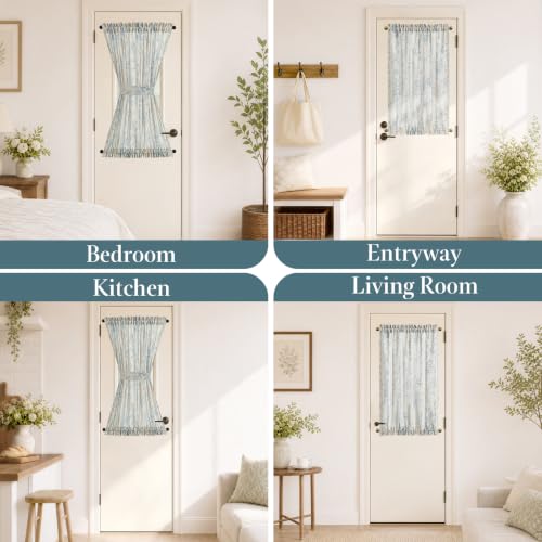 Image of jinchan Alice Floral French Door Curtain Farmhouse Linen for Sliding Glass Door 40 Inches 1 Panel with Tieback Light Filtering Curtain for Window Patio Rod Pocket Blue on Linen