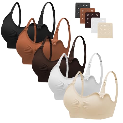 Image of Angelhood Nursing Bra 5 Pack Womens Maternity Breastfeeding Seamless Wireless Sleep Bra with Extenders