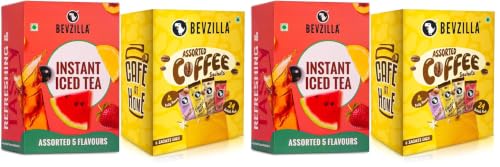 Image of Bevzilla Instant Iced Tea Sachets Assorted 5 Flavours (30g Each)|Perfect for Summers Refreshment + 24 Instant Coffee Powder Sachets (4 Assorted Flavours) - Ideal for Espresso, Latte & Cappuccino