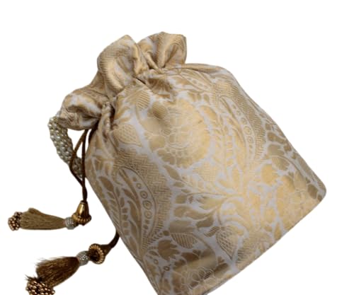 Image of MILAN'S CREATION Banarasi Silk Brocade Potli Bag Purse With Base Drawstring Women's handbag with Pearl Handle & Tassel Weddings