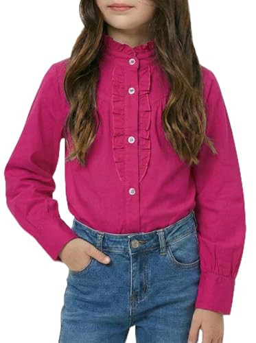 Image of Girls Button Down Shirt Puff Sleeves Blouse Summer Cute Top Doll Collar School Uniform, 4-13Y