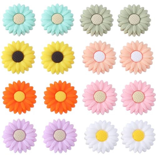 SUNNYCLUE 1 BOX 16PCS Flower Silicone Beads Daisy Focal Silicone Beads Cute Rose Chunky Rubber Loose Spacer Double Sided Bead Bulk for Beaded Pens Keychain Making Kit Valentine's Day Bracelet Craft
