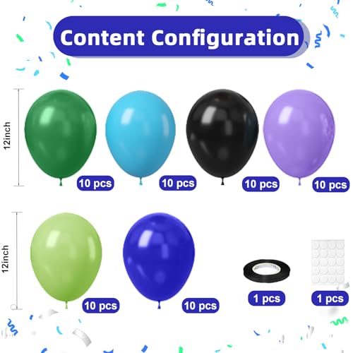 Black Purple Green Blue Balloons, 60pcs 12Inch Black and Green Blue Purple Balloons, for Women Men Birthday Gilrs Boys Game Night Monsters Theme Party Decorations — view 2