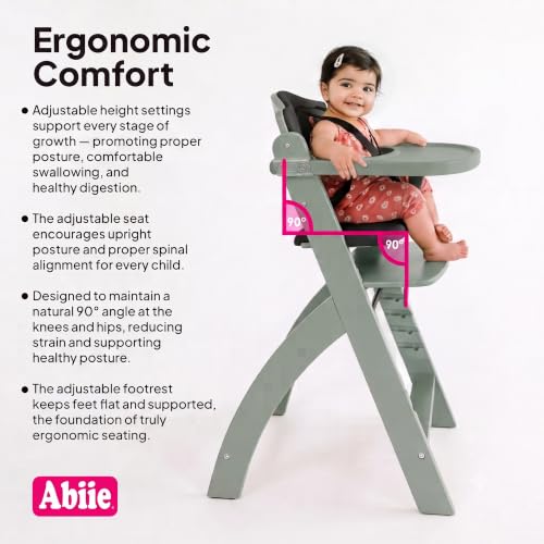 Image of Abiie Beyond Junior Wooden High Chair for Babies and Toddlers - Convertible 3-in-1 Baby Highchair with Removable Tray - 6 Months to 250 Lb - Water Resistant - Misty Grey Wood /Black Pearl Cushion