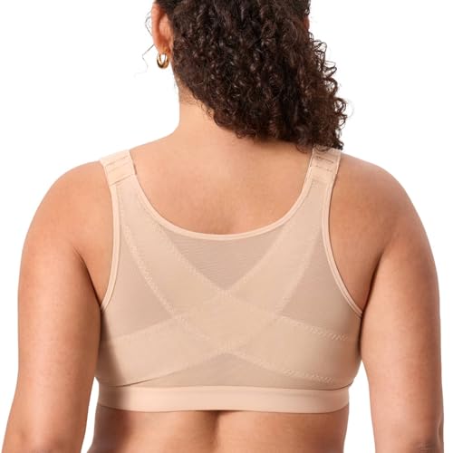 DELIMIRA Women's Posture Bra Front Closure Lightly Padded Plus Size Wireless Full Coverage No Underwire Bras Beige 38D