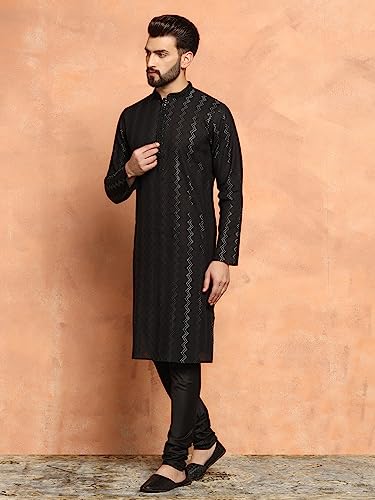Image of KISAH Men Black Kurta, Cotton, Full Sleaves, Knee Length, Straight, Regular Fit, Mandarin Collar Ethnic Wear, 40