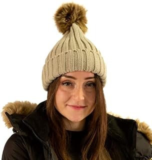 Retro Seventy2 Ladies Winter Knitted Beanie Womens Faux Fur Detachable Bobble Pom Pom Ski Hat