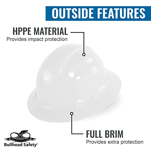 Bullhead Safety Unvented Full Brim Hard Hat With Six-Point Ratchet Suspension, Reversible Construction Hard Hat For Safety With Brow Pad And Ez-Click Adjustment, Osha/Ansi Compliant, White #TOP1