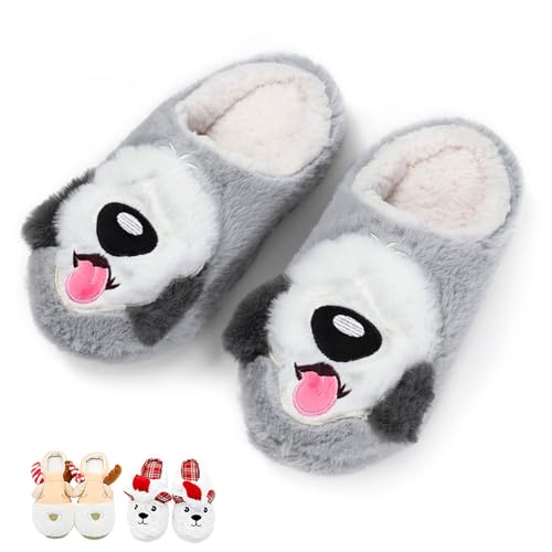 Fuzzy Animal Slippers - Anti-Skid Cute Christmas Slippers with Fluffy Dog, Puppy, Polar Bear & Reindeer Designs - Memory Foam Winter Indoor House Bedroom Shoes for Kids, Girls & Adults