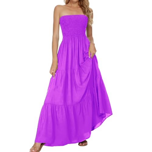 Image of Women's Summer Strapless Tube Top Maxi Dresses Off Shoulder Boho Beach Long Dress