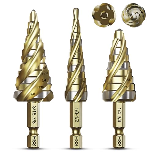 Bestwork Four Spiral Flute Step Drill Bit Set, 3PCS 1/8"-7/8" High-Speed Steel Unibit Step Bits with 1/4" Hex Shank for Metal Stainless Steel Aluminum Wood Plastic