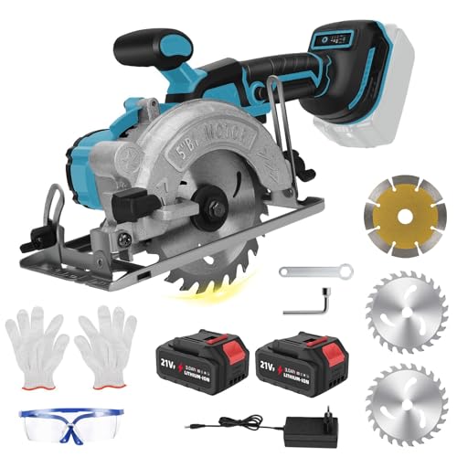 Scie Circulaire Sans Fil 5 Pouces, Sans Balais Scies Circulaires électriques avec 2 Batteries 3000 mAh, Biseau de Coupe de 0-45°, Profondeur de Coupe 48mm, Lama 125 mm, Scie Circulaire pour le bois