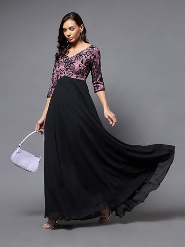 Image of Miss Chase Women's Sweet-Heart Neck 3 /4 Sleeve Self Design Fit & Flare Maxi Dress with Pockets