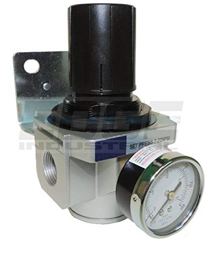 HEAVY DUTY IN-LINE COMPRESSED AIR PRESSURE REGULATOR FOR AIR COMPRESSOR, 7 TO 215 PSI ADJUSTABLE, HIGH FLOW RATE, WALL BRACKET AND GAUGE INCLUDED (1/2" NPT, 170 CFM)