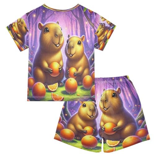 Capybara Orange Pajama Set Short Sleeve Pajamas Shorts Sets Cotton PJS 2 Piece Clothes Set 5Y2