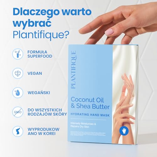 PLANTIFIQUE Hydrating Hand Mask 4 Gloves – Rękawiczki nawilżające z kwasem hialuronowym, masłem shea i macadamią – odżywczy, wegański krem do rąk, przeciwstarzeniowy zabieg dla suchej skóry