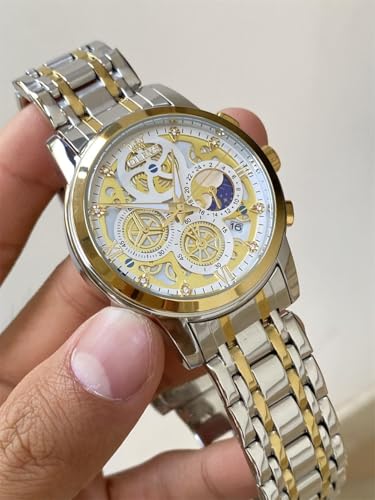 Image of OLEVS Mens Original Skeleton Luxury Business Analog Quartz Wrist Watches | Big Face Chronograph watch for men,stylish dress Gift,Stainless Steel ,Waterproof Luminous,Easy to Read
