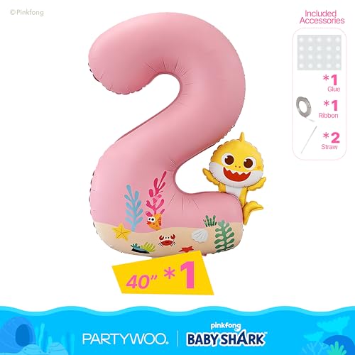 Image of PartyWoo Baby Shark Pink Foil Number 2 Balloon 40 Inch Pink Mylar Helium Birthday Number Balloons for Girls and Boys Baby Shark Under the Sea Ocean Theme Kids Second Birthday Party Decorations