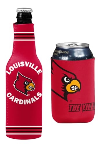 College Team Color Logo Can & Bottle Holder Insulator Beverage Cooler Set (Louisville Cardinals - Active Dynamic)