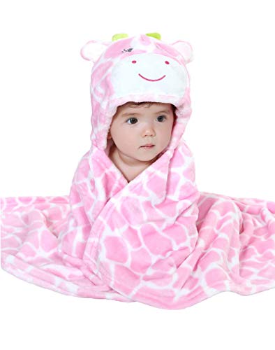 Image of TONWHAR 0-4 Years Toddlers' And Kids' Boys Girls Animal Face Hooded Blanket Baby's Bathrobe,Plush After Bath Blanket(Pink Cow)