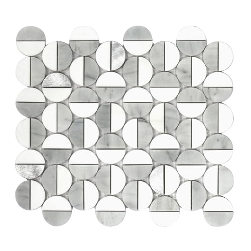Round Stone and Aluminum Mosaic Wall Tile 5 Sheets,Unique Round Design Stone Mosaic Kitchen Backsplash for Wall Decoration Aluminum Mosaic Walls Tiles 5.36 sq. ft. (White+ Grey+Aluminum)