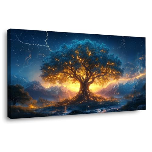 Impression sur toile pour illuminer un couloir sombre motif arbre de vie bleu or 20x40cm
