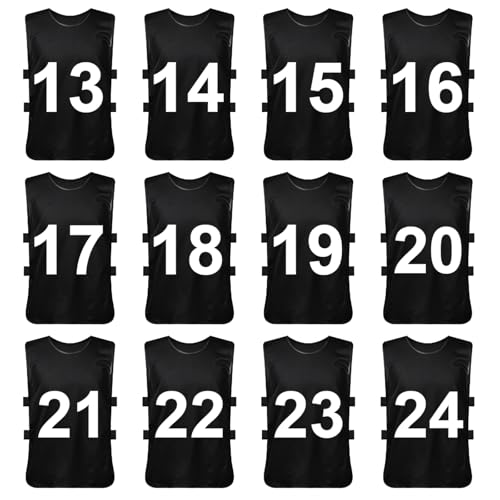 TopTie Sets of 12 (#1-12, 13-24) Numbered Scrimmage Training Vests Sports Pinnies for Adult/Youth-Black[#13 to 24]-Adult