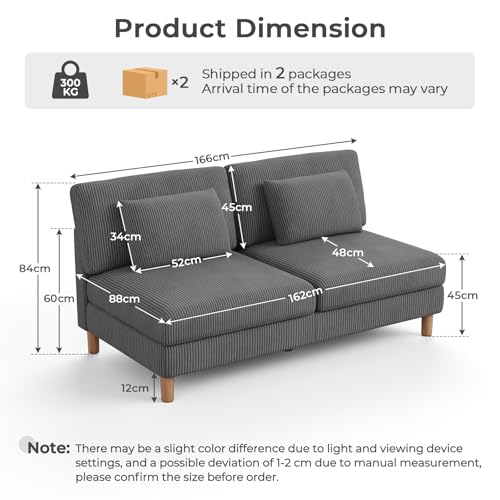 Vesgantti Cord 3 Sitzer Sofa ohne Armlehne, 166cm Modernes Dreiersofa mit Kissen, Kombination Sofa perfekt für Wohnzimmer, Schlafzimmer, Büro, werkzeuglose Montage, 166 * 88 * 84cm