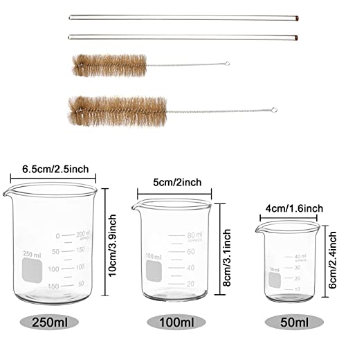 Thick Glass Graduated Measuring Cylinder Set 5Ml 10Ml 50Ml 100Ml Glass Measuring Beaker Set 50Ml 100Ml 250Ml With 2 Glass Stirring Rods 12’’ Long 1/4’’ Diameter And 2 Brushes #TOP2